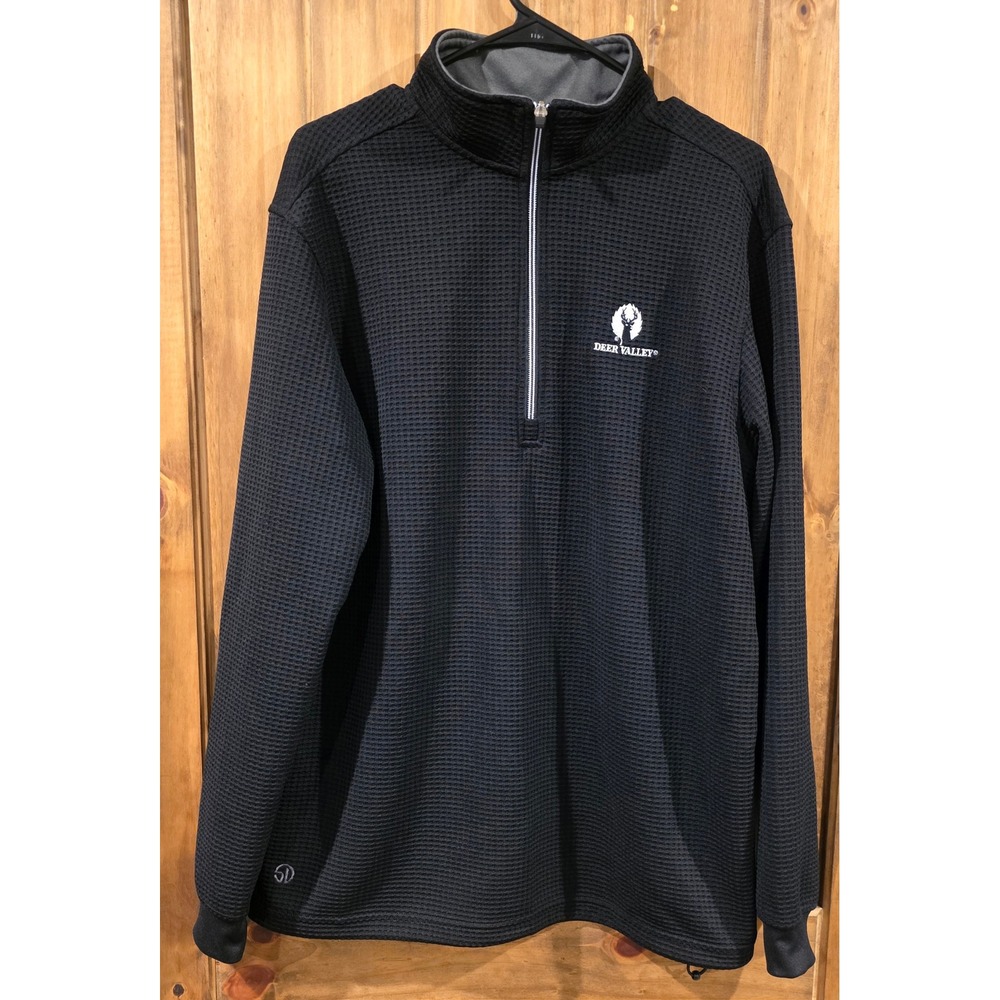 Straight Down Pullover Mens Large Black Excellent 1/4 Zip Deer Valley Waffle